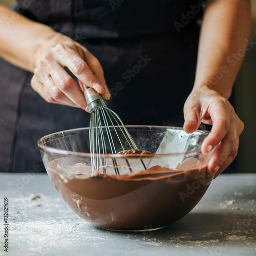 mixing dough for chocolate cake in a bowl. female hands and a kitchen whisk. recipe step by step