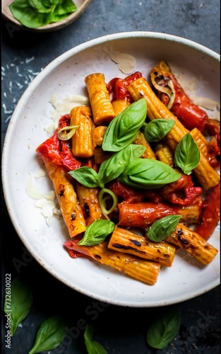pasta with baked peppers and cashews sauce. vegan full-fledged healthy lunch or dinner with purple basil