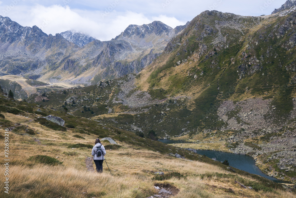 Woman hiking in the Pyrenees, Andorra
