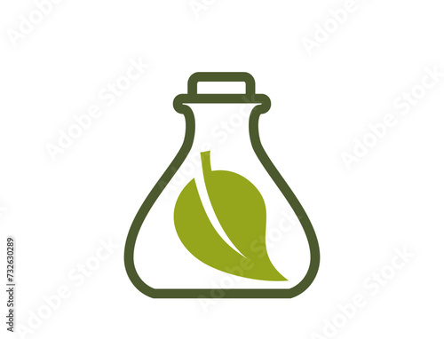 Eco icon. green leaf in flask. botanical, organic and bio symbol. vector image in flat design