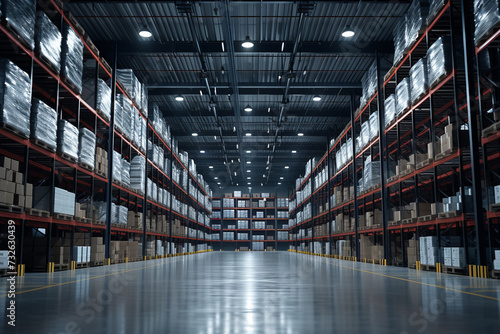 Dark warehouse with shelves and pallets 