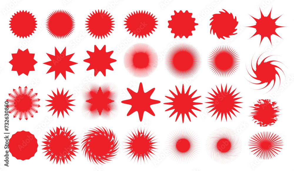 Starburst set red color, sun ray frames, sunburst badges, retro stars, sale or discount stickers. Starburst set red color, sun ray frames, sunburst badges, retro stars, sale or discount stickers.