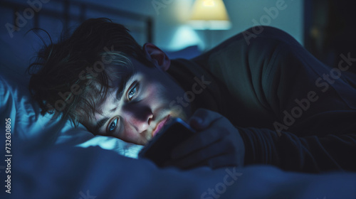 Doomscrolling. FOMO. Young man lying in bed at night, checking phone with a worried and anxious expression. photo