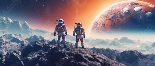 Astronaut in spacesuit standing on fantasy planet photo