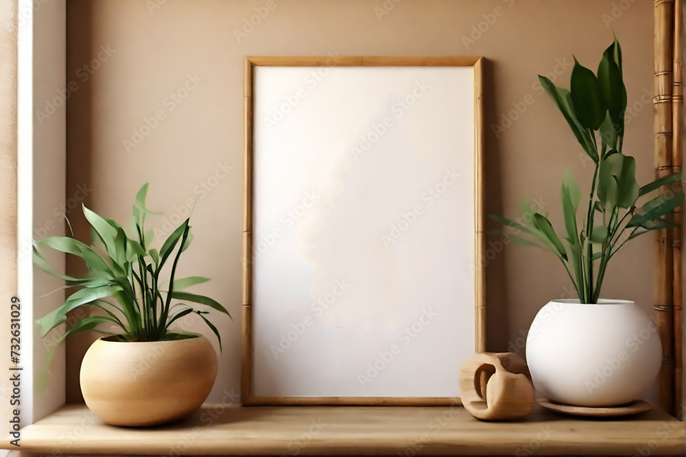 White poster on floor with blank frame mockup for you design. Layout mockup good use for your design preview. .