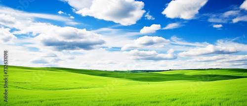 Green meadow on the hill and blue sky with clouds