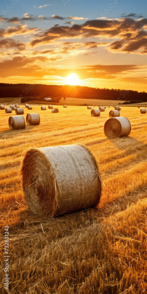 Golden Harvest: Serene Countryside Landscape with Round Hay Bales resting on a Yellow Meadow in the Summer Sun, against a backdrop of Blue Skies and Fluffy White Clouds, showcasing the Abundance of