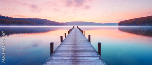 Lakeside pier with beautiful sunrise view