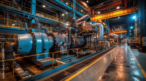 Machinery and steam turbine at a power plant background