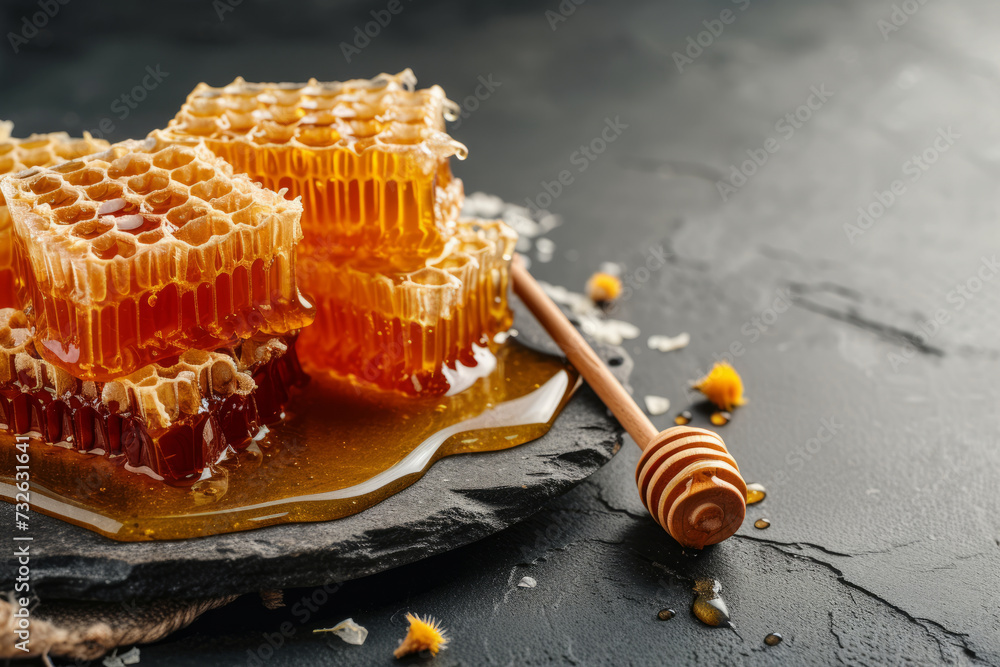 Fresh honeycombs with a honey spoon lying on a beautiful black slate background with space for text or inscriptions
Fresh honeycombs with a honey spoon lying on a beautiful black slate background with space for text or inscriptions