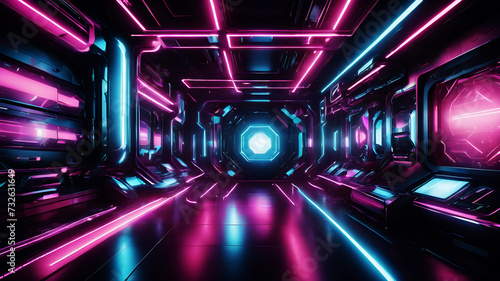 Design a futuristic abstract background with a blend of geometric shapes, neon lights, and metallic textures, creating a dynamic and high-tech atmosphere