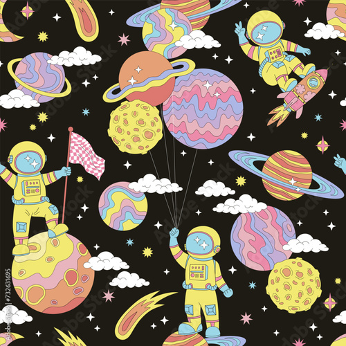 Groovy cartoon astronaut in spacesuit on the moon on rocket spaceship with planet shape air balloons vector seamless pattern. Retro 60s 70s 80s space galaxy universe cosmonautics celestial black