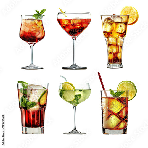Set of alcoholic cocktails isolated on transparent background