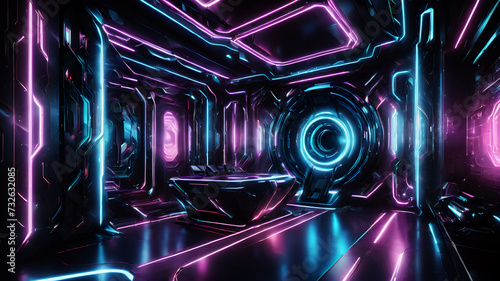Design a futuristic abstract background with a blend of geometric shapes, neon lights, and metallic textures, creating a dynamic and high-tech atmosphere