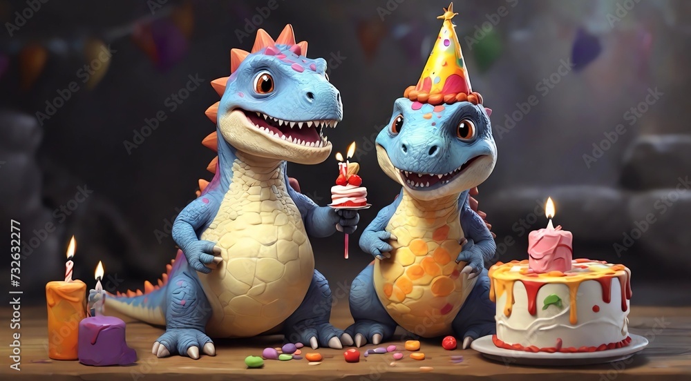 Cheerful cartoon dinosaur celebrates his birthday with a cake. Drawn with paints