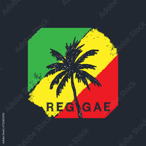 Reggae vector flag background with palm tree hand drawn grunge textured. Reggae beach theme for design logo, t shirt, poster, banner, etc.