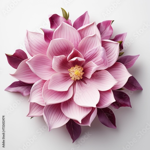 Pink Flower With Green Leaves on White Background