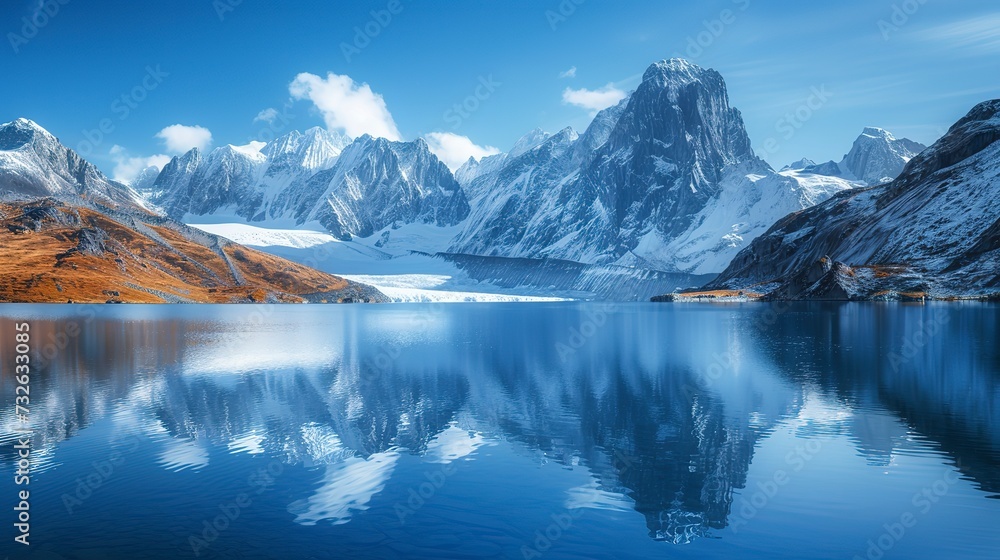 High-altitude glacial lake, pristine blue water reflecting the snow-capped mountains above, a serene and untouched wilderness