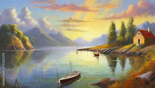 Oil painting of serene sunset over lake or river, evening sky reflection, house by the water, natural beauty