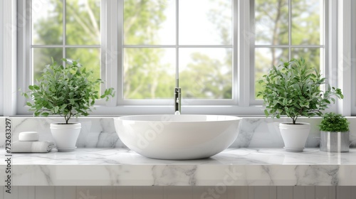 White bathroom marble countertop with blurred window background