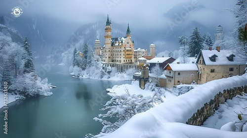 Historic castle surrounded by a snowy landscape, ancient walls covered in snow, a timeless winter wonderland