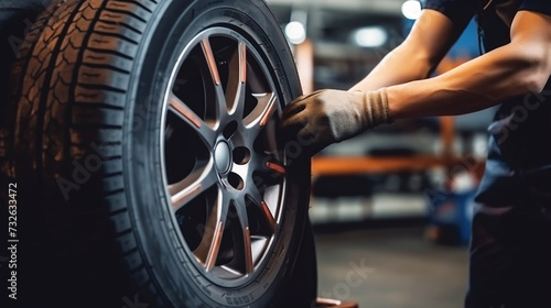 Mechanic changes new car tires in auto repair shop photo
