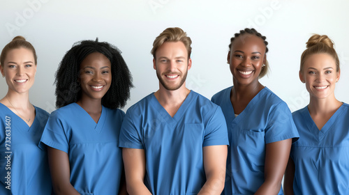 Diverse team healthcare professionals in blue scrubs - Generative AI	 photo