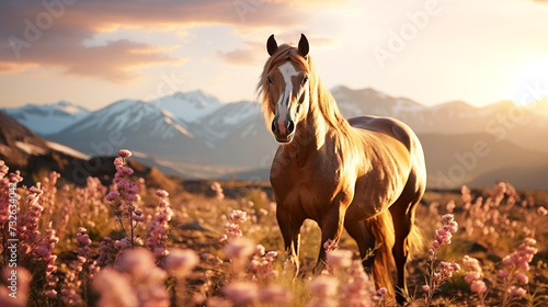 Horse on the hill with sunrise background on the mountain