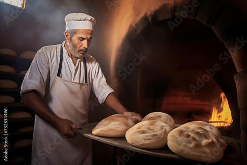 Moroccan baker making Moroccan batbout bread photo