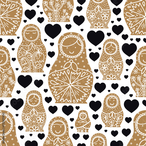 Russian  gold Matryoshka and black heart. Cute babushka. 4 seamless pattern. Can be used in textile industry, paper, background, scrapbooking.Vector