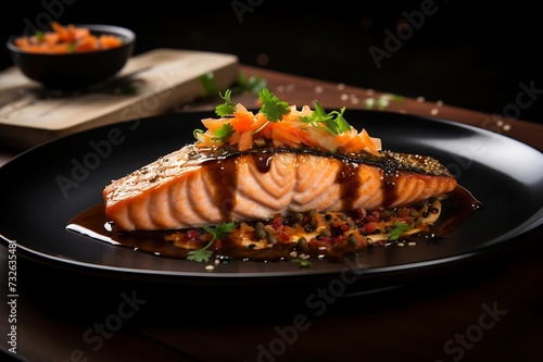 Grilled salmon steak with rosemary and spices on a black background