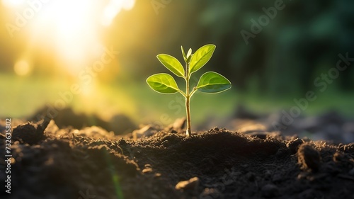 Green plant seedling growing on fertile soil with sunbeams and lens flare