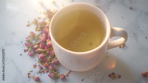 Cup of tea with delicate rosebuds