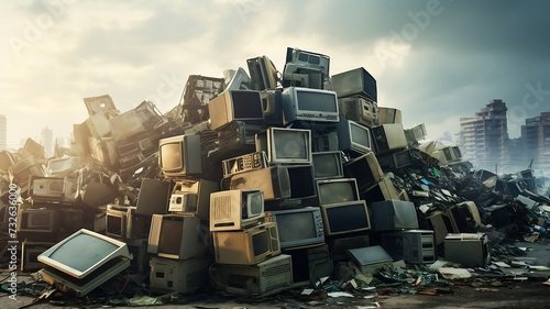 hard to recycle mass production computer in a garbage dump with city background photo