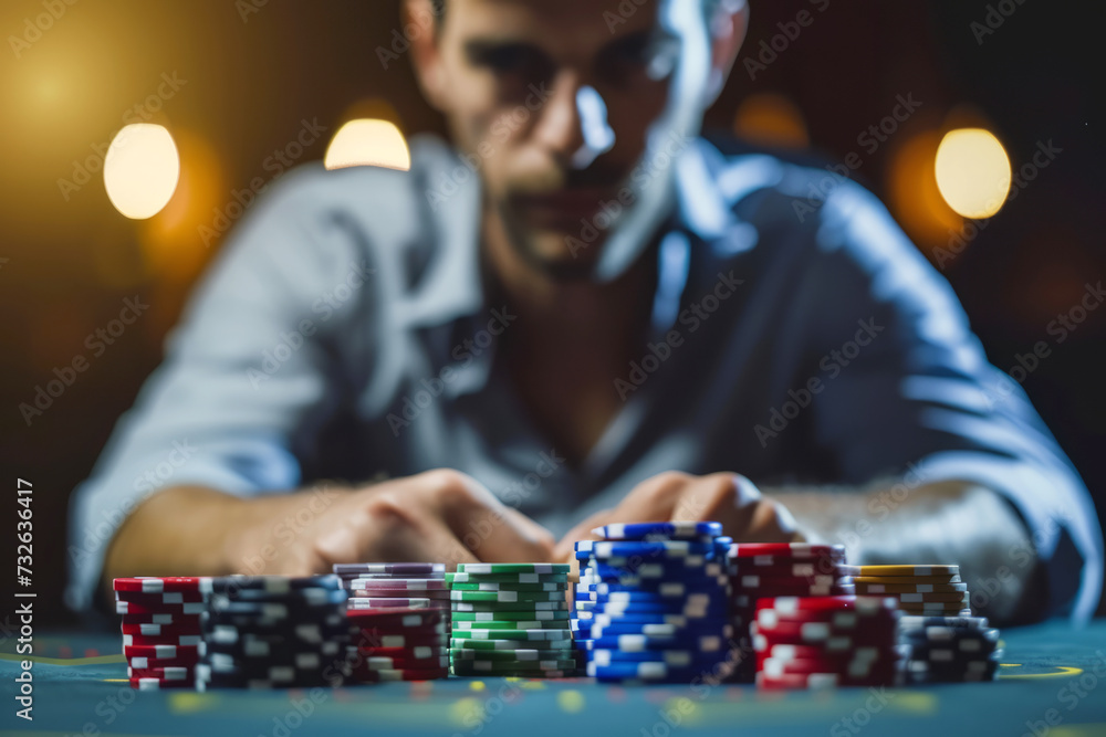Stack of different casino chips for playing poker with young man in the background, gambling theme
