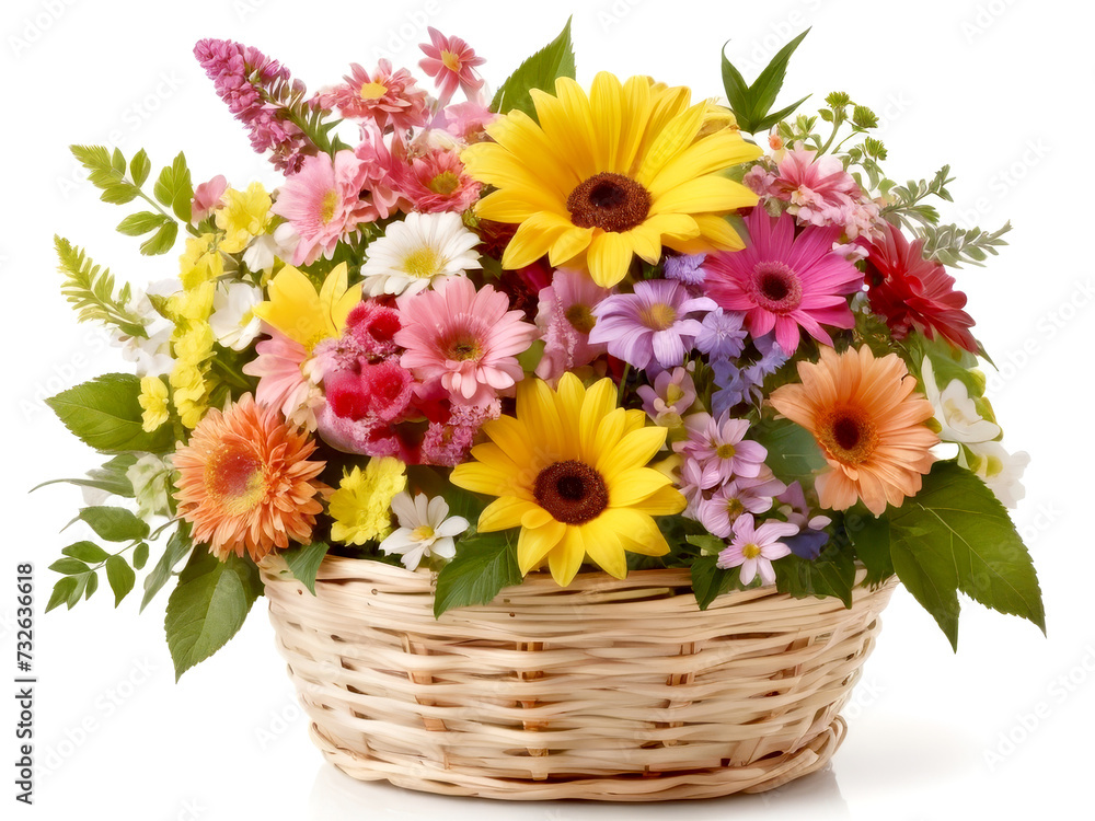 Colorful autumn flowers in basket with white background