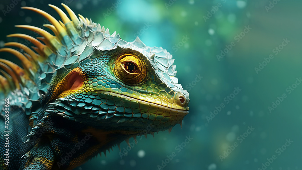 Bright lizard on a green tropical background. Banner with free space for text Bright lizard on a green tropical background. Banner with free space for text