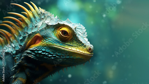 Bright lizard on a green tropical background. Banner with free space for text © Galina