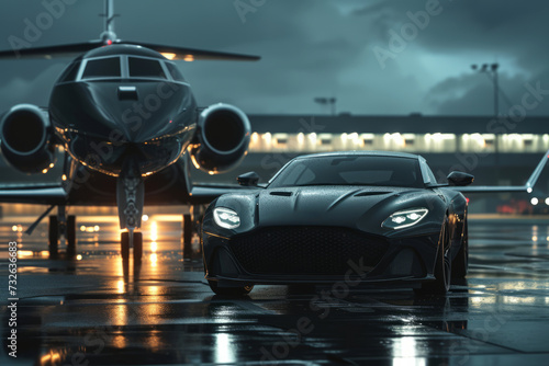 Luxury black private jet with sports black car at the airport, theme of rich and luxurious lifestyle of celebrities and businessmen 