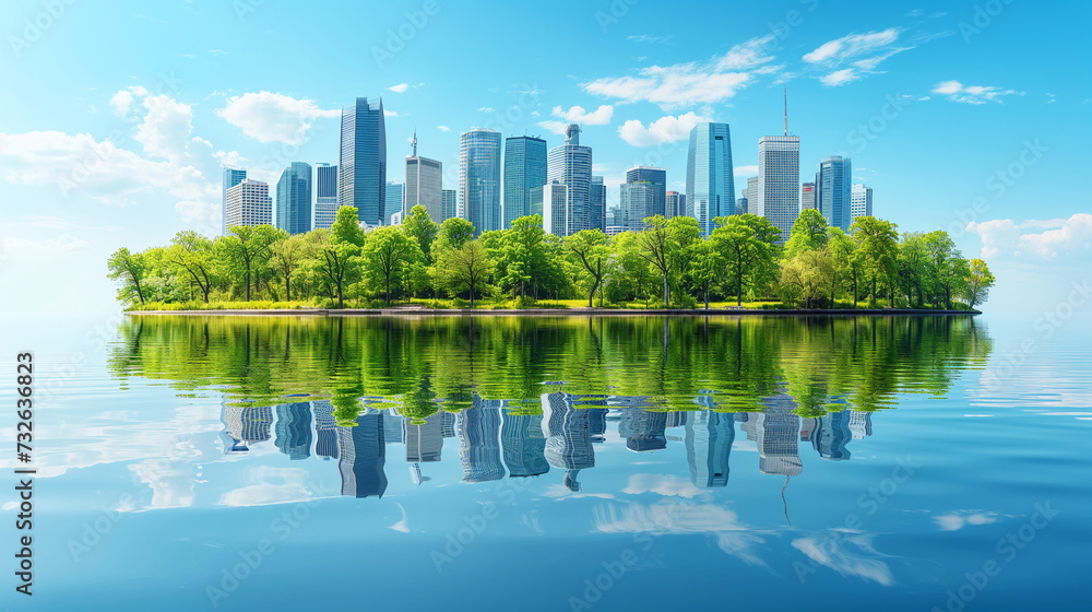 A serene waterfront view capturing the reflection of a modern city skyline on the calm water surface with a lush green island in the foreground.