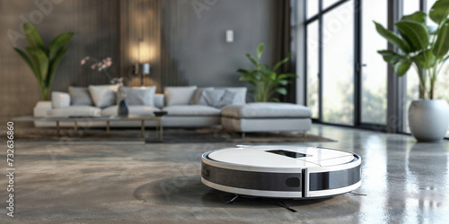 Robotic vacuum cleaner working in a spacious modern living room with stylish interior design.