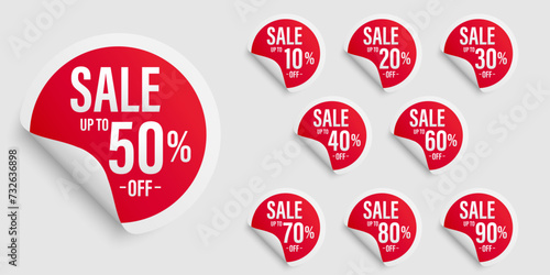 Up to 90 percent discount off sticker set. Different price, Red round speech bubble shape. Sign for advertising, banners, template, promo icons, Vector illustration isolated on white background.