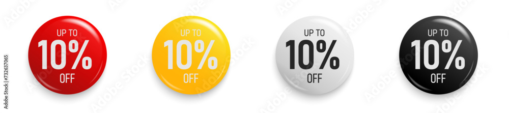 Up to 10 percent Discount. Button sticker mockup banner. Promotion sticker badge set for shopping marketing and advertisement clearance sale, special offer, Save 10 percent. Vector illustration. - obrazy, fototapety, plakaty 