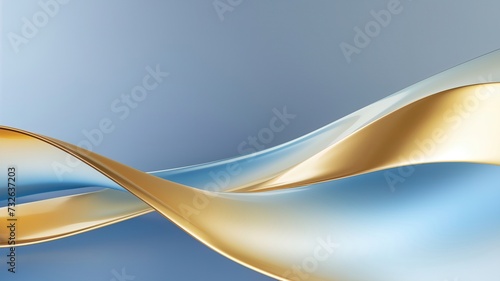 Abstract glass ribbon background. Luxury blue gold liquid shape in motion. Iridescent gradient digital art for banner, wallpaper.