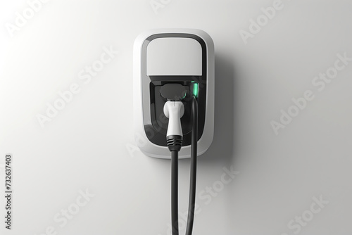 Home electric charger for an electric car. Car charger hanging on a white wall in the garage with an empty space for text or inscriptions 