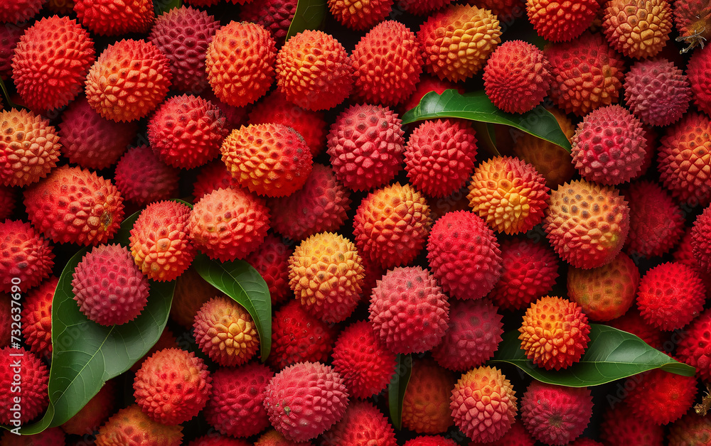 Close-up of Lychee Fruit Pile with Leaves Close-up of Lychee Fruit Pile with Leaves