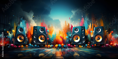 Artistic depiction of vibrant music explosion from speakers on a dramatic, abstract background