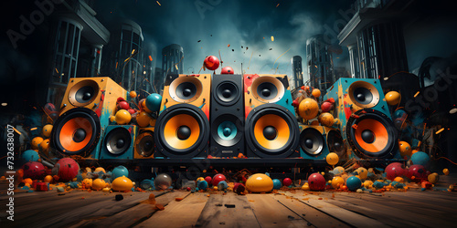 A trio of speakers immersed in a chaotic explosion of colorful splashes on an urban backdrop photo