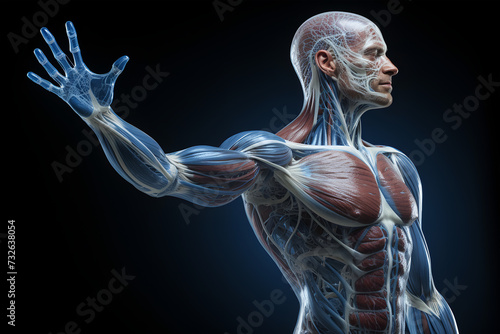 Highly detailed visualization of the human muscular and circulatory systems in a male figure photo
