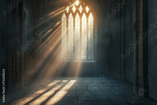 A beautiful large window in the church through which beautiful sunlight enters the empty room. Sun rays from the window with a light speech bubble
